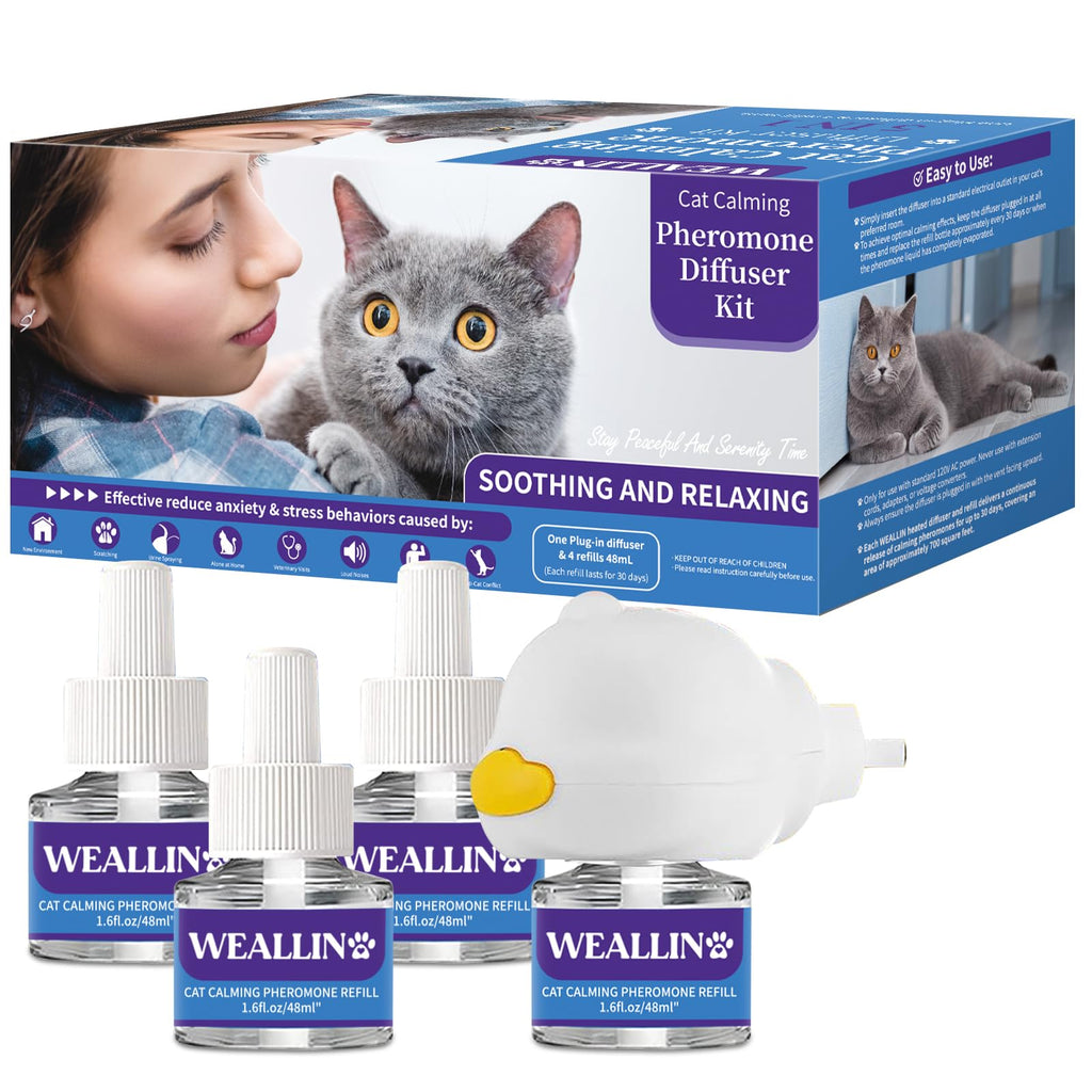 Cat Calming Diffuser Kit - 5-in-1 Cat Pheromone Diffuser for Anxiety & Stress Relief-Includes 1 Diffuser and 4 Refill Vials (48ml each)-Provides 120 Days of Comfort and Relaxation for Your Cat 1 Diffuser, 4 Refills