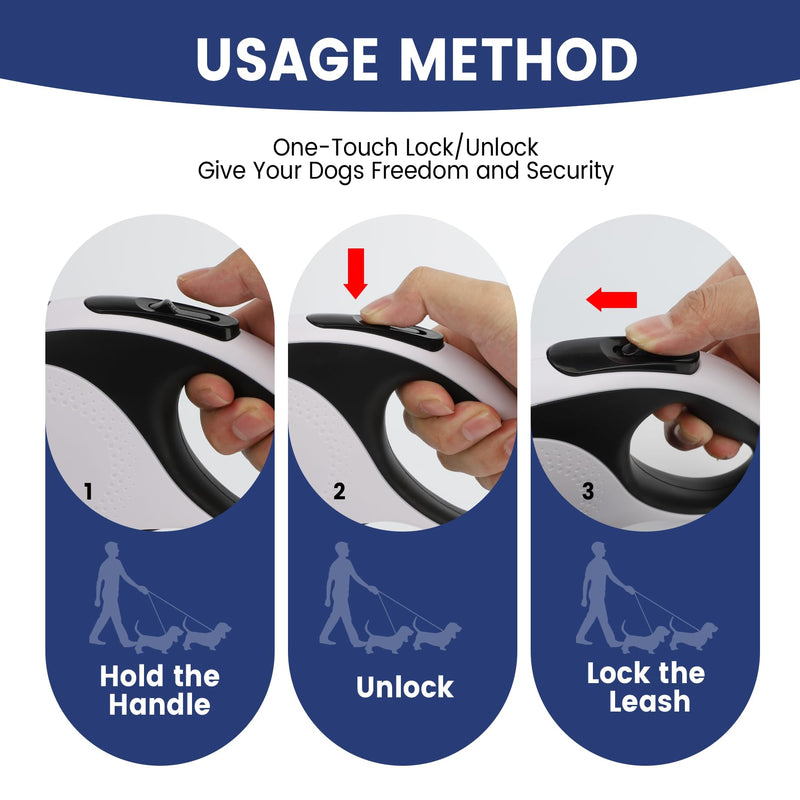 Dual Retractable Dog Leash for 2 Large Dogs (Up to 110LBS Each) - Double Headed Pet Leash with Poop Bags and LED Light, One Button Brake & Lock, 360 Tangle-Free (WHITE, LARGE) WHITE - PawsPlanet Australia