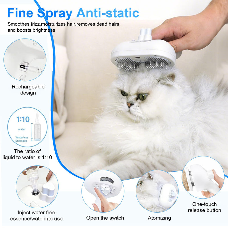 Pet Steam Brush for Dog & Cat - 4-in-1 Blue Light Steam Grooming Brush for Shedding & Hair Removal - Self Cleaning Spray Comb with Mist for Long Haired Pets - Includes 1*Waterless Shampoo, White.