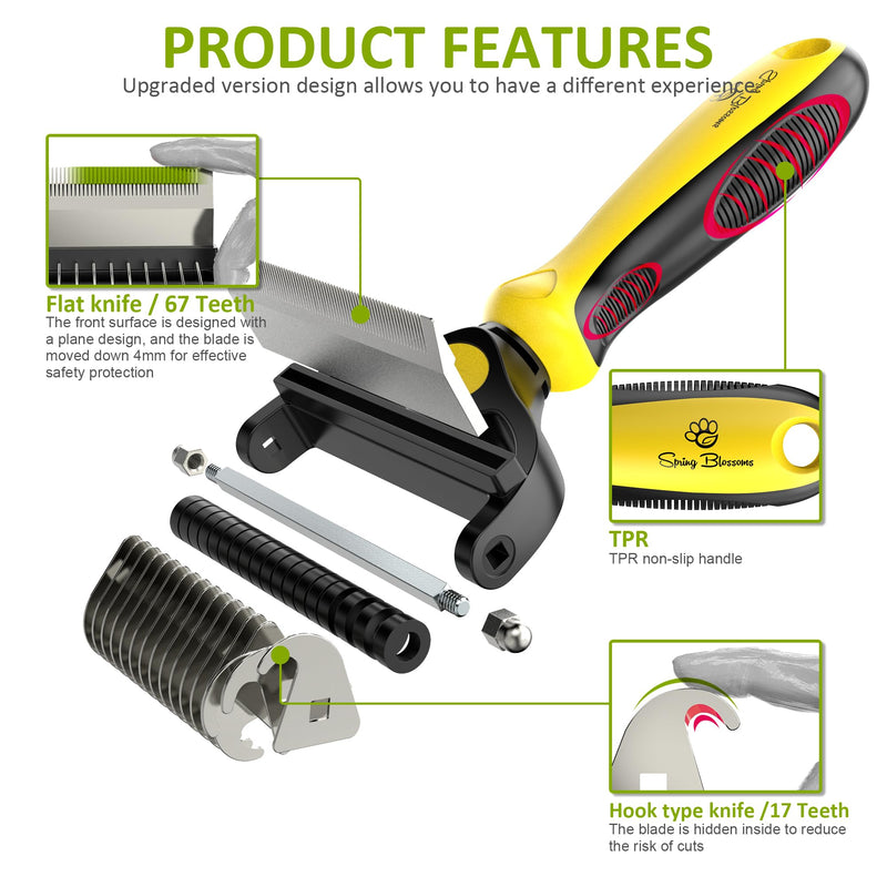 Spring Blossoms-2 in 1 Professional Grooming Rake for Cats & Dogs-Dematting Comb for Easy Mats & Tangles Removing,Pet Brush Safe No More Nasty Shedding and Flying Hair (Lemon Yellow) Lemon Yellow