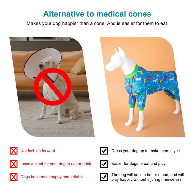 LovinPet Dog Post Surgery Onesie - Large Dog Pjs, Lightweight Stretchy Fabric, Blue Dinosaur Print, Sun Protection, Pitbull Clothes, Pet Anxiety Relief Shirt, Pet Pajamas for Dogs, Green Blue XL X-Large Blue Green - PawsPlanet Australia