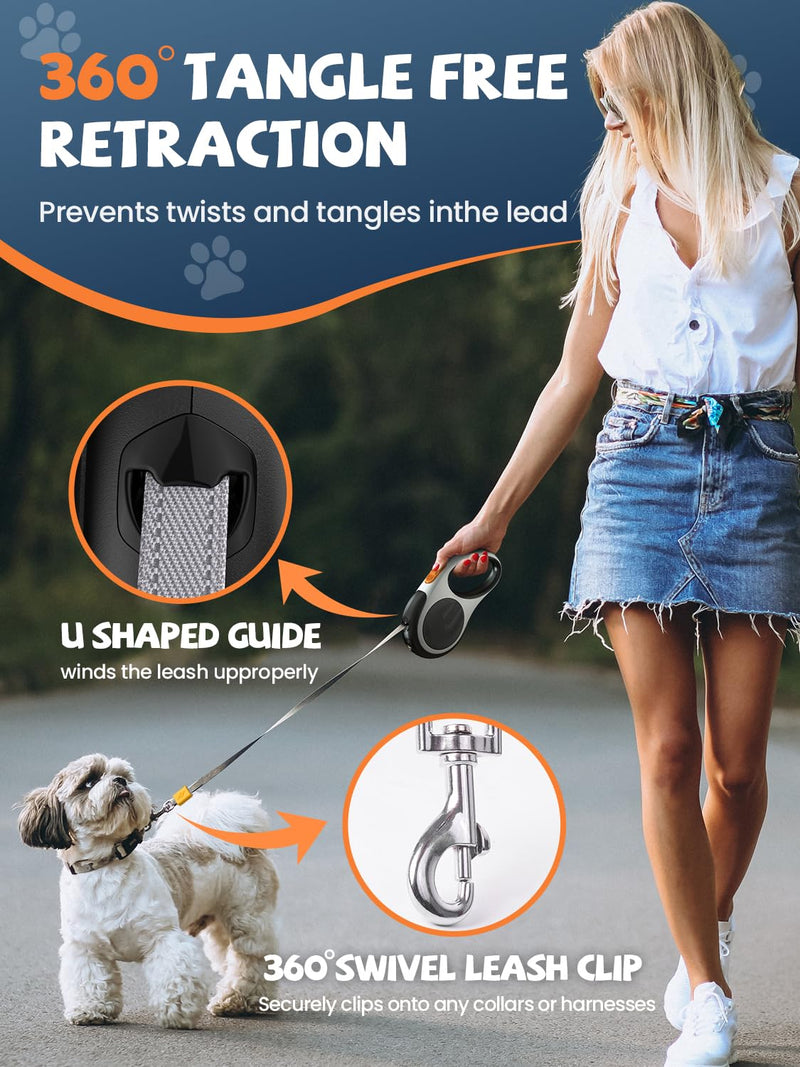 Retractable Dog Leash with LED Flashlight, Douexio Upgrade 3 in 1 Dog Leash Retractable for Small Medium Dogs Up to 66 lbs, Anti-Slip Handle (Black-White) Black-White - PawsPlanet Australia
