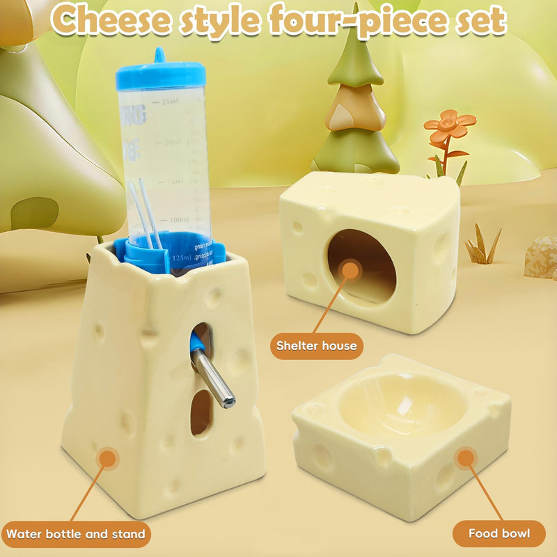 PINVNBY Ceramic Hamsters Hideout, Hamster Food Bowl and Water Bottle with Stand Ceramic Cheese Hamster Cage Accessories for Campbell Gerbil Dwarf to Eat Drink and Play in Habitat(4 PCS) - PawsPlanet Australia