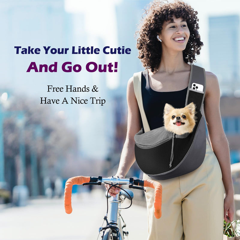 Pawaboo Pet Dog Sling Carrier, Hand Free Drawstring Dog Papoose with Adjustable Strap, Breathable Mesh Bag for Puppy Cat, Crossbody Satchel Dog Purse with Pocket for Outdoor, Dark Gray+Black, Large Dark Gray + Black - PawsPlanet Australia