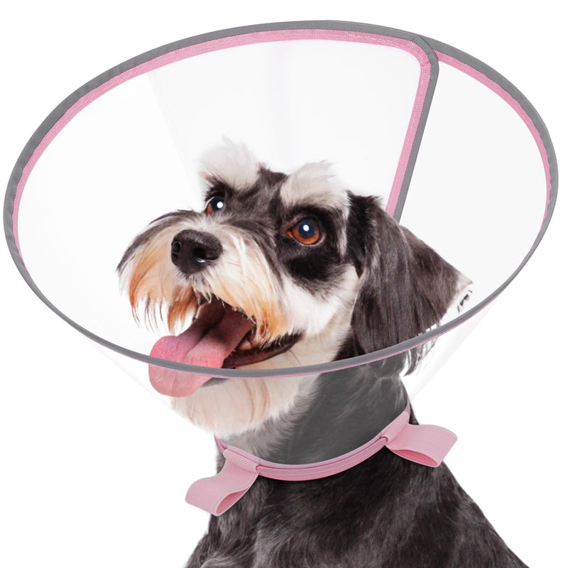 Clear Dog Cone for Small Dogs After Surgery, Adjustable E-Collar to Stop Licking with Padded Neck for Shih Tzu, Yorkie, Soft Recovery Collar with Reflective Trim for Night Visibility, Pink XS XS (9"-10.25")