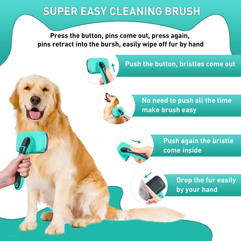 Cat Dog Brush, Self Cleaning Slicker Dog Brush,Pet Comb + Nail Clippers for Shedding & Grooming Any Breed of Pets,Shedding Long & Short Haired Cats & Dogs 3 PCS,Aqua green