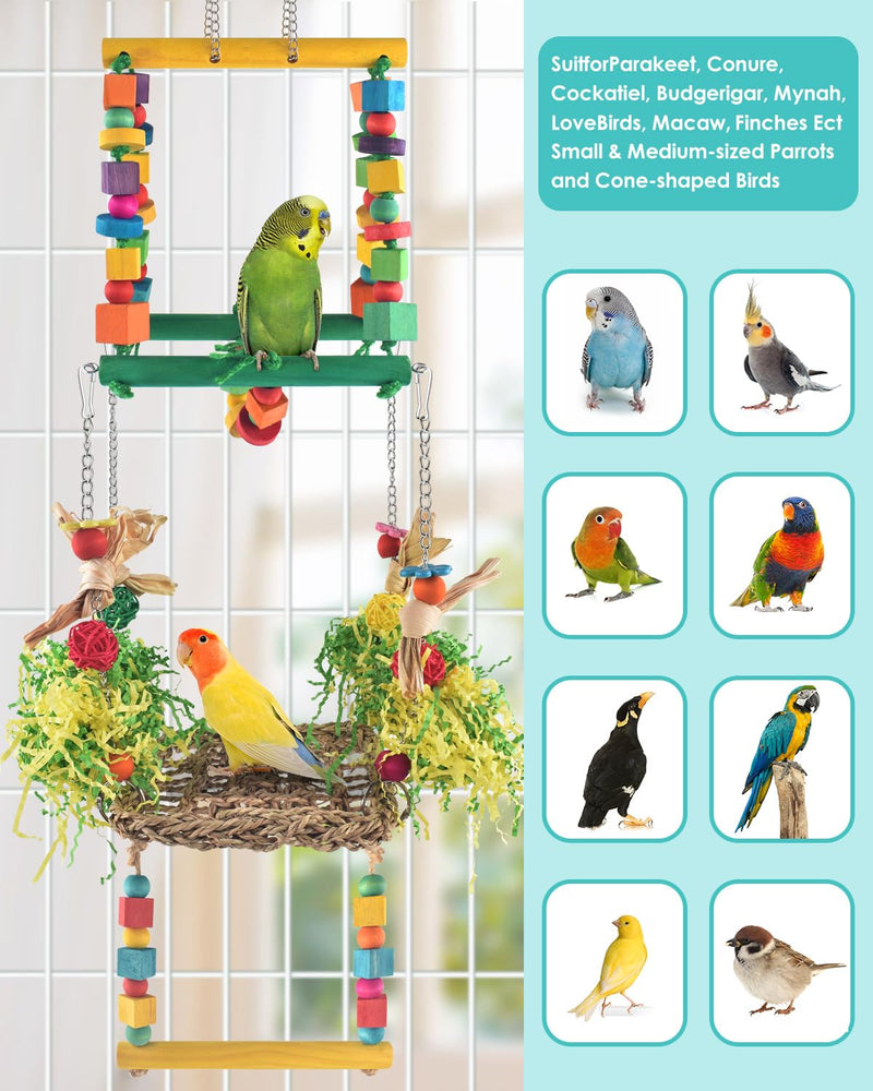 Bird Hammock Toys Parakeet Perches Swing, 3in1 Detachable Parrot Cage Accessories, Wooden Hanging Chew Toys for Small to Large Conure Cockatiel Quaker African Grey - PawsPlanet Australia