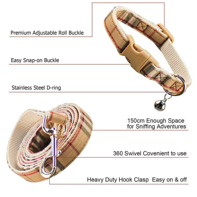 Cute Plaid Dog Collar Harness and Leash with Safety Buckle - Adjustable and No Pull Comfortable Dog Collars for Small Puppy, Stylish Durable Gift for Boy Girl Pets S beige-03 - PawsPlanet Australia