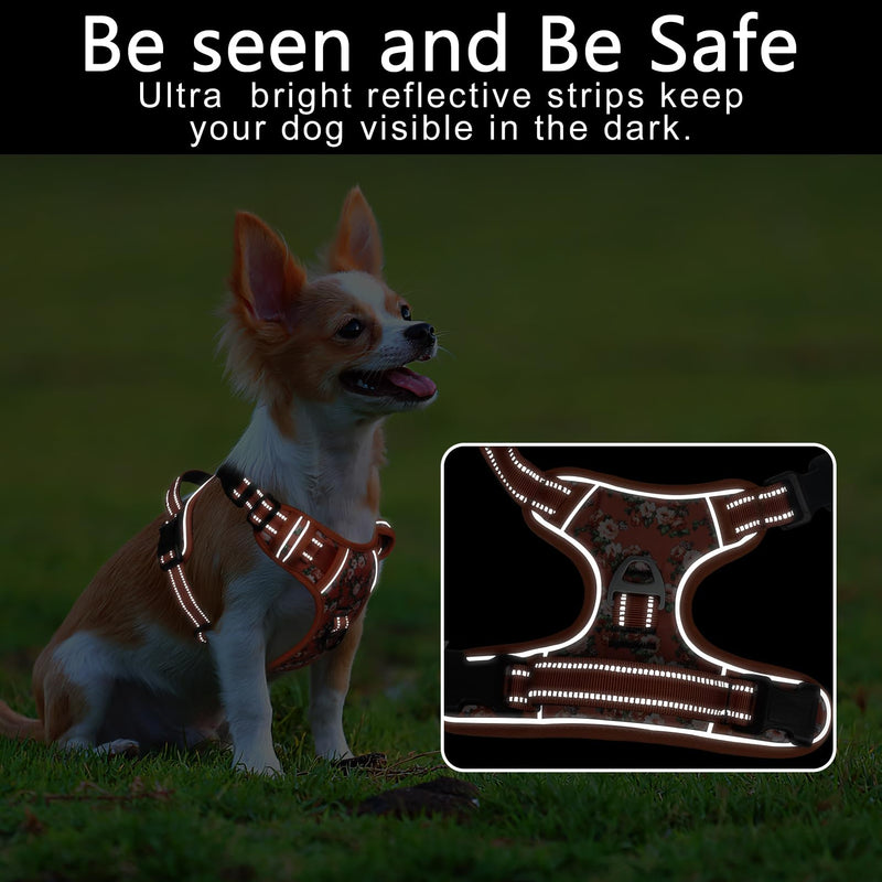 Timos Dog Harness, No Pull Dogs Harness 3 Snap Buckles Adjustable Reflective No Choke Pet Vest for Small Dog with Soft Padded Control Training Handle for Outdoor Training,Flower Orange, S Small (Pack of 1) Normal-Flower Orange - PawsPlanet Australia