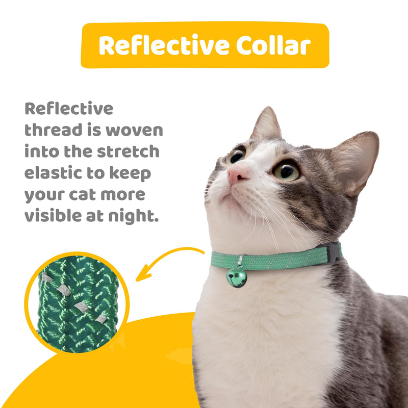 BirdsBeSafe® Break Away Cat Collar with Bell, Reflective Thread for Night Visibility, Comfortable Elastic Stretch Cat Collar to protect Cat from Getting Stuck in The Garden. Green - PawsPlanet Australia