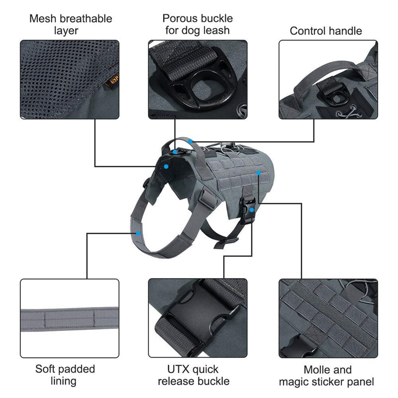 EXCELLENT ELITE SPANKER Tactical Military Dog Harness Adjustable No-Pull Military Patrol Service Dog Harness Training Hunting Vest with Handle(Gry-M) M (Chest:28''-35'') Grey - PawsPlanet Australia