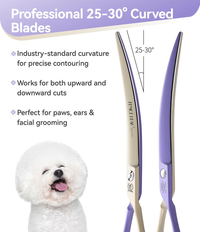 Fenice Peak Curved Dog Grooming Scissors with Coating 440C Stainless Steel, 7 inch Professional Curved Shears Dog Grooming，25 Degree of Curved Blade，Pet Shear for Trimming Face and Paw, Violet & White 7" Violet&white - PawsPlanet Australia