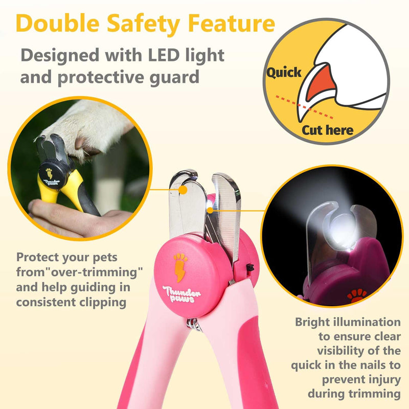 LED Dog Nail Clippers with Light, Trimmers with Protective Guard, Quick Sensor, Safety Lock and Nail File - Suitable for Large and Small Dogs & Cats (Pink, LED)