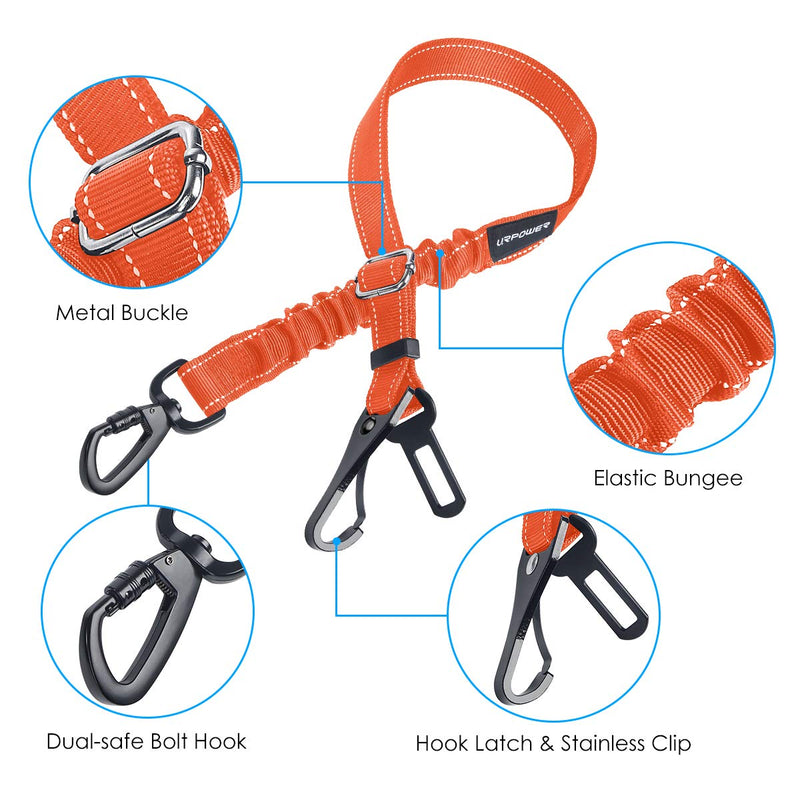 URPOWER 3-in-1 Dog Seat Belt for Car, 2 Pack Adjustable Bungee Dog Car Harness with Seatbelt Buckle & Latch Hook, Reflective & 360° Swivel Heavy Duty Pet Safety Belts for Dogs and Cats Orange - PawsPlanet Australia