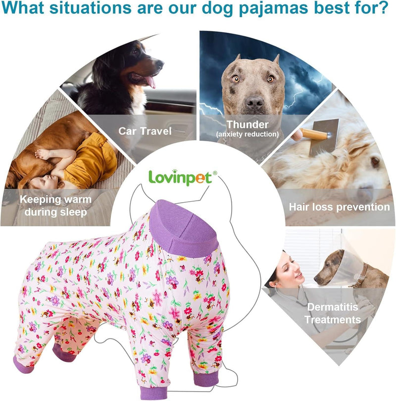 LovinPet Large Sized Dog Anxiety Calming Shirt,Pink Bees & Flowers Pink Print, Pajamas for Pitbulls, Onesies for Dogs, XL