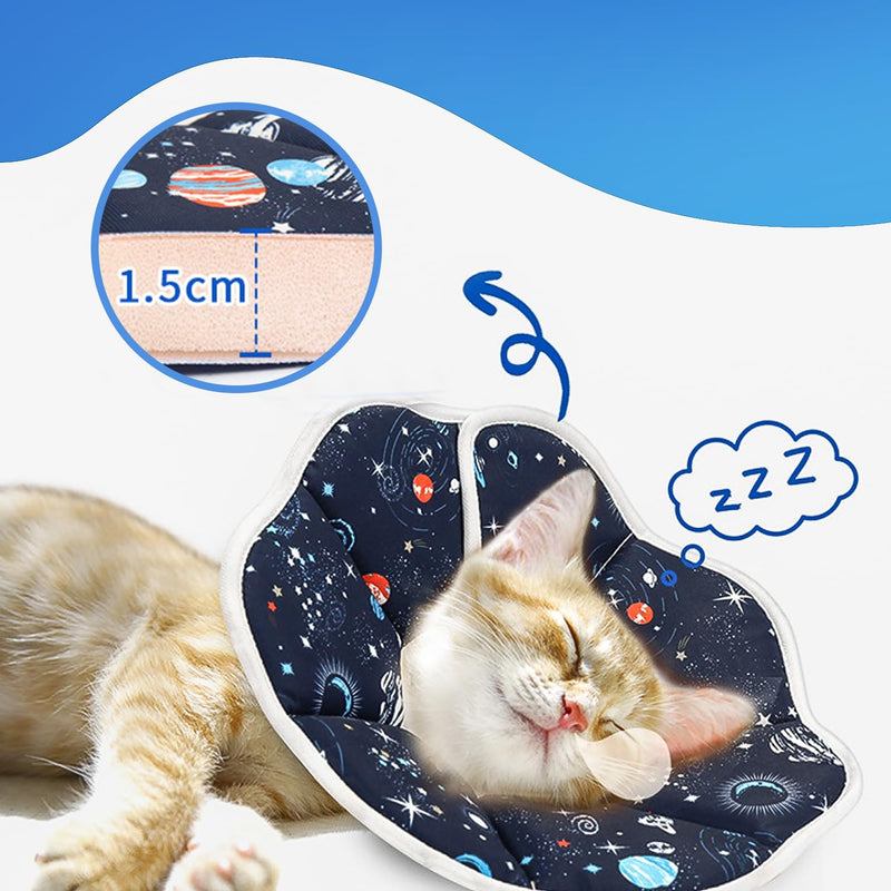 Soft Cat Cone Collar Planet Print (Size S), Adjustable Recovery Collar for Cats & Kittens, Comfortable Donut to Stop Licking Scratching Wounds After Surgery, Fits Neck 13-25cm