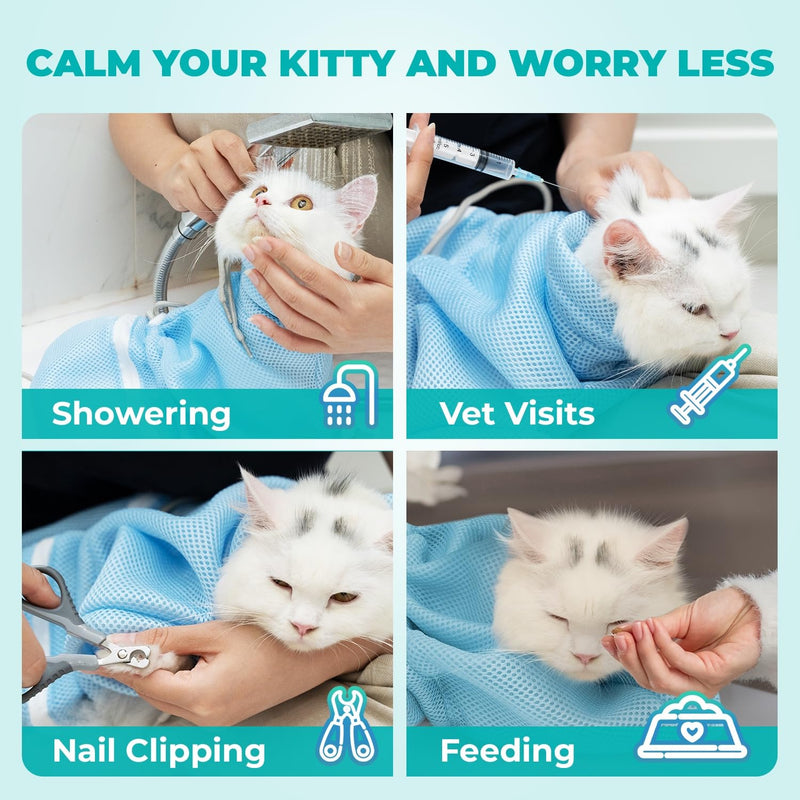 Dog Cat Bathing Bag - Anti Scratch and Bite Pet Grooming Restraint | Adjustable Mesh Groomer Bags for Bath Washing, Shower, Nail Clipping, Medication | Small to Medium Cats and Dogs (Blue) - PawsPlanet Australia