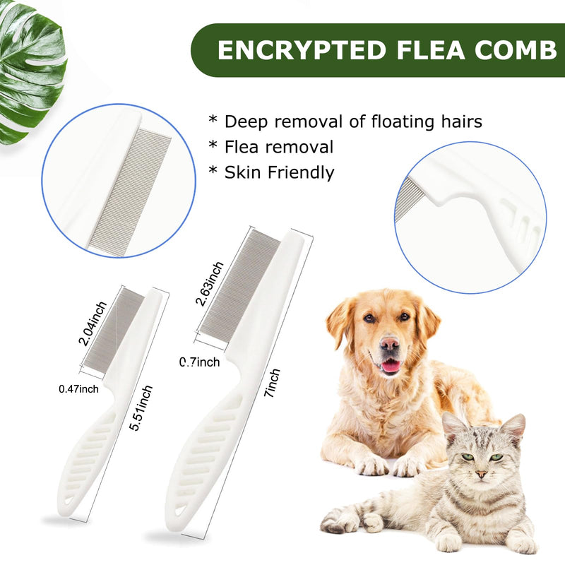 Pet Grooming Brush Kit for Cat and Dog, Hair Massage Cleaner with Release Button, 2 Flea Combs for Shedding Removing Tangles Loose Fur Self Cleaning Accessories, Green(3 Pieces Set) - PawsPlanet Australia