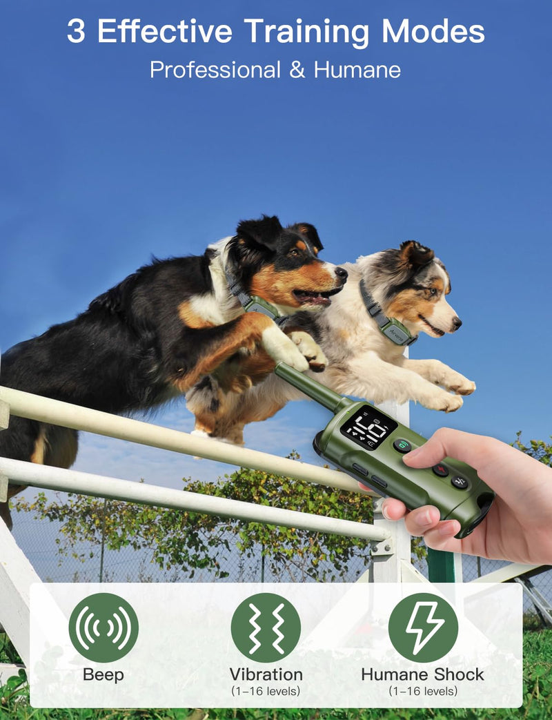 Dog Shock Collar 2 Dogs - 3300 ft Waterproof Dog Training Collar with Remote, 3 Modes Electric Dog Training Collar for All Breed Sizes,Beep/Vibration/Humane Shock (1-16 Levels) Avocado Green 2-Pack - PawsPlanet Australia