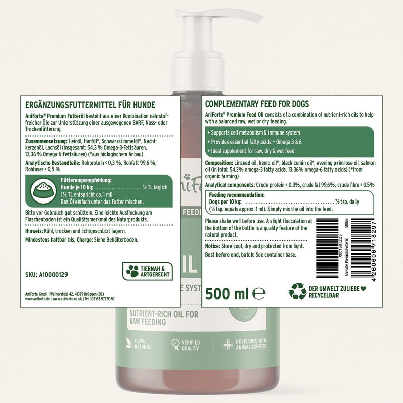 AniForte Premium Feeding Oil 500ml: BARF Raw Feeding Supplement For Dogs With Hemp, Salmon & Linseed Oil to Boost Immunity & Health