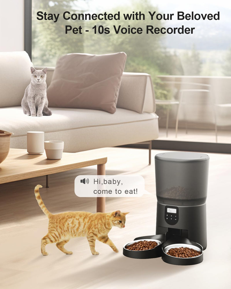 Automatic pet Feeders for 2Cats, 6L/25cup Automatic Cat Food Dispenser with 2 Stainless Pet Bowls,10s Meal Call Timer Setting 20 Portions 6Meals Per Day, Timed Pet Feeder for Cats Dog Indoor Dry Food 6L/25 Cups Black - PawsPlanet Australia