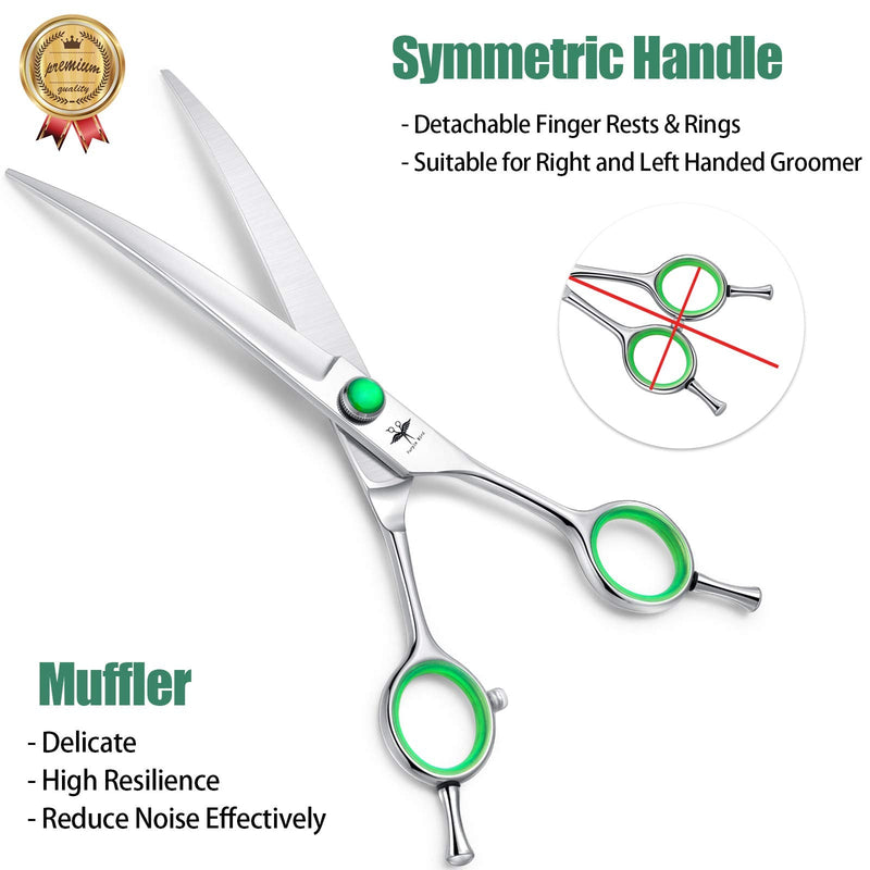 PURPLEBIRD 7 Inch Downward Curved Dog Grooming Scissors Professional Pet Cutting Shears Safety Noiseless Blunt Tip Trimming Shearing for Dogs Cats Japanese Stainless Steel Silver - PawsPlanet Australia
