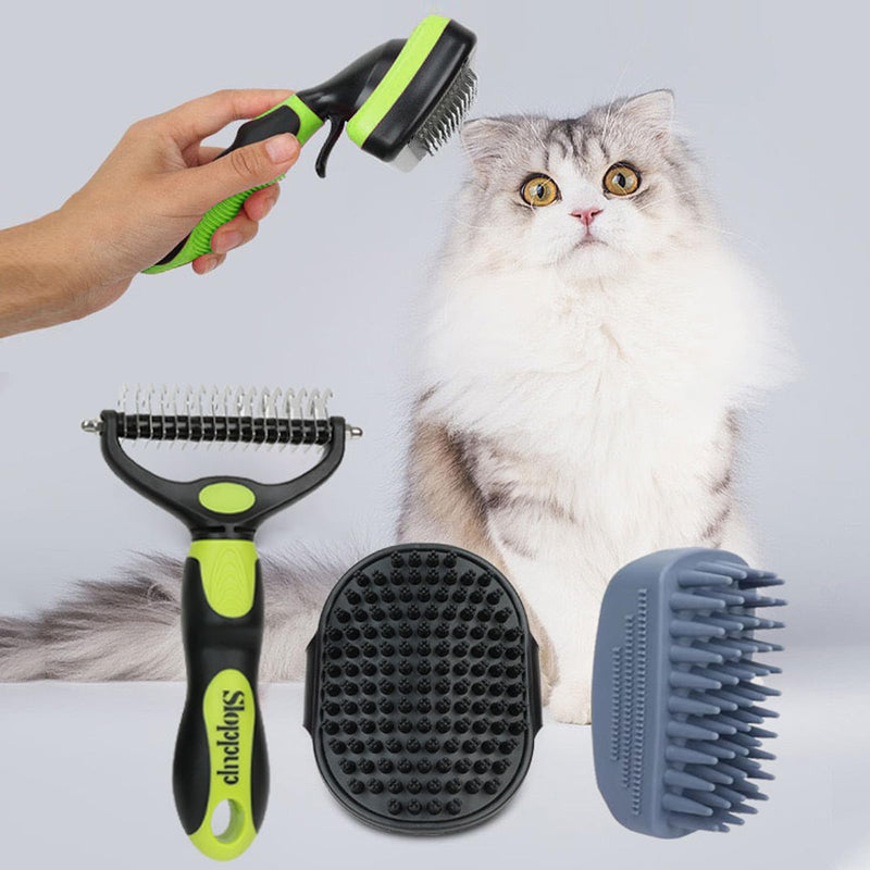 Dog Brush Kit for Grooming Short & Long Haired Dogs & Cats, 4-in-1 Pet Grooming Set with Self-Cleaning Slicker Brush, Deshedding Tool, Shampoo Bath Comb, Massge Comb (Green Black) Green Black - PawsPlanet Australia