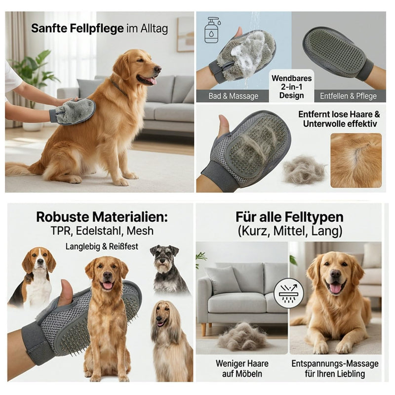 Pet Grooming Glove Double-Sided, Grey, 24 x 16 cm, Massage and Hair Removal Brush for Dogs and Cats, TPR Rubber with Steel Needles, Can be Used Left and Right-Handed