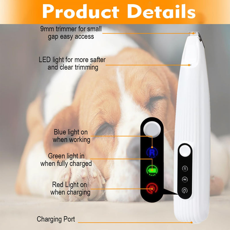 SZMDLX Rechargeable Dog Paw Trimmer & Cat Grooming Kit - Low Noise Pet Hair Clipper with LED Light, 9mm Blade for Gentle Trimming, Paw Fur Shaver for Pets - PawsPlanet Australia