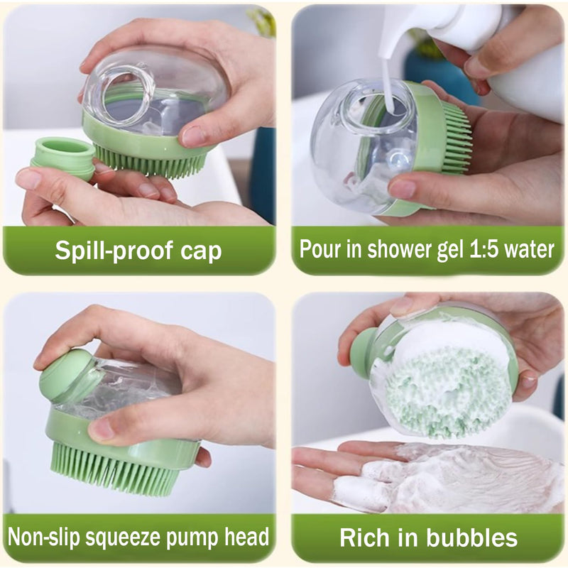 Dog Bath Scrubber Brush, 2 PCS Pet Dog Grooming Massage Shampoo Bath Brush with Soap and Shampoo Dispenser Soft Silicone Bristle for Long Short Haired Dogs Cats Shower Green & Pink - PawsPlanet Australia