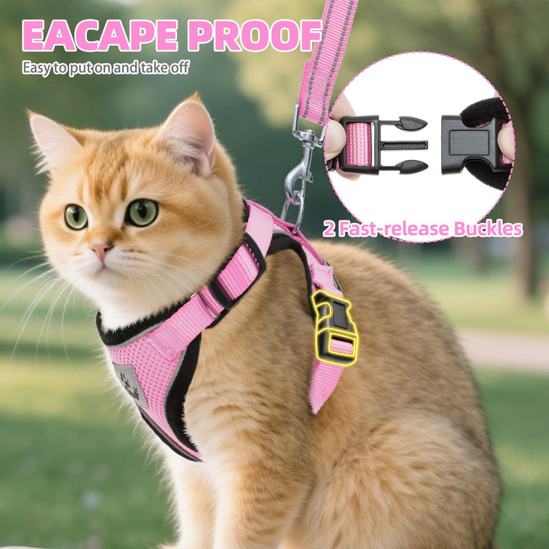 PUPTECK Cat Harness and Leash Set Escape Proof Reflective Cat Walking Harness Adjustable Soft Breathable Mesh Vest for Small Pets, Light Pink, L L (NECK 14"-18", CHEST 18"-26.5")