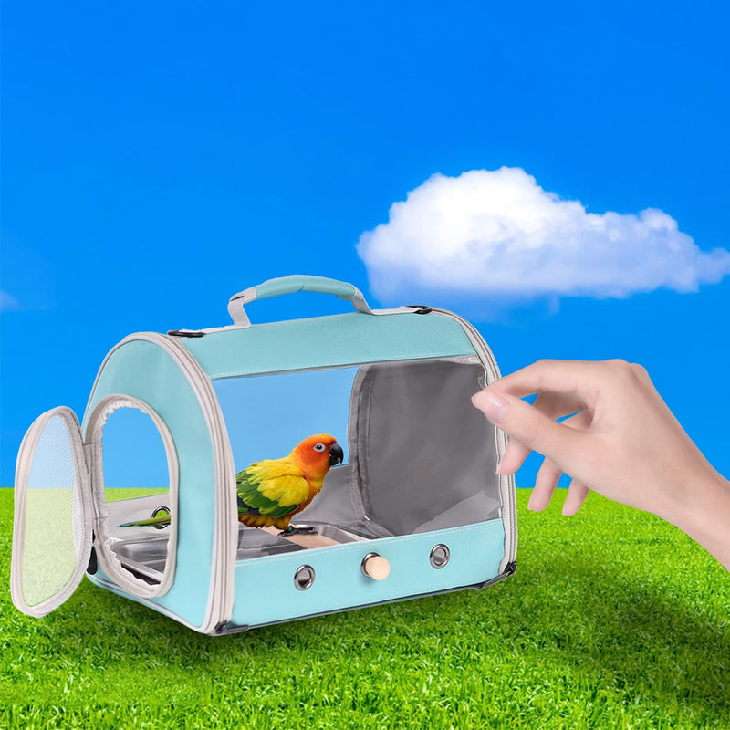 Long Tail Portable Bird Travel Carrier Cage with Metal Tray Soft Mat and Wooden Standing Perch, Hands Free Lightweight Clear 2 Windows Carry Bag for Parakeet Budgies Cockatiel Transport to Vet Green Cylinder Design - Clear - PawsPlanet Australia