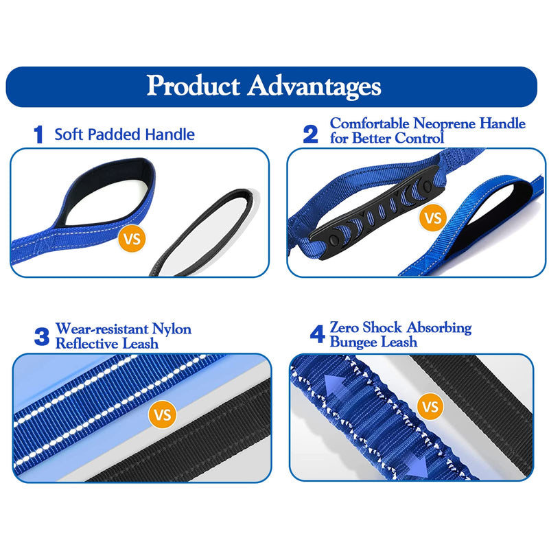 Heavy Duty Dog Leash for Large Dogs, 4-6FT Traffic Padded 2 Handles for Extra Control, Strong Shock Absorbing Bungee With Car Safety Buckle, Reflective for Night Walking Navy Blue - PawsPlanet Australia