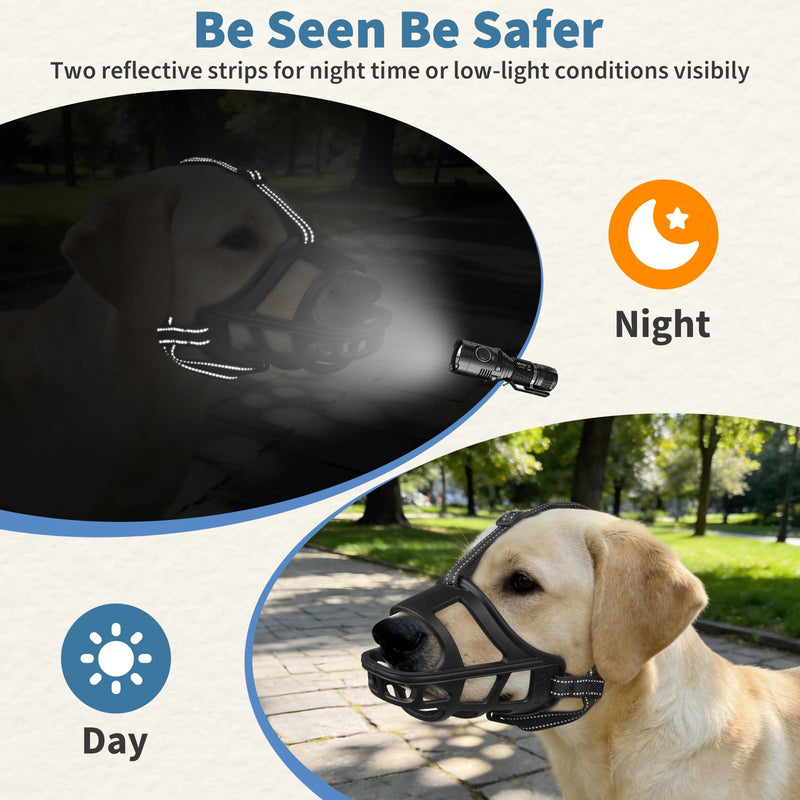 BARKLESS Dog Basket Muzzle for Medium & Large Dogs, Humane Cage Muzzle Prevent Biting Scavenging, Breathable Open Front Mouth Cover with Reflective Strap for Training, Walking Vet Visits (Black, XL) Black - PawsPlanet Australia