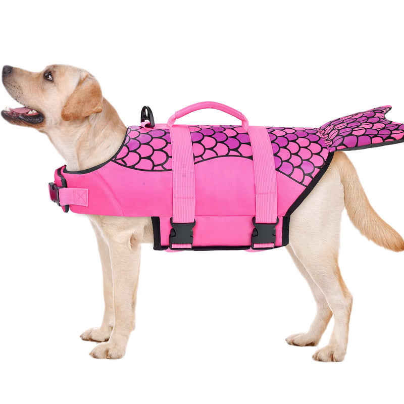 Malier Dog Life Jacket, Ripstop Dog Life Vest Adjustable Dog Life Preserver with Strong Buoyancy and Durable Rescue Handle Puppy Life Jacket for Small Medium Large Dogs Boating Mermaid-Pink