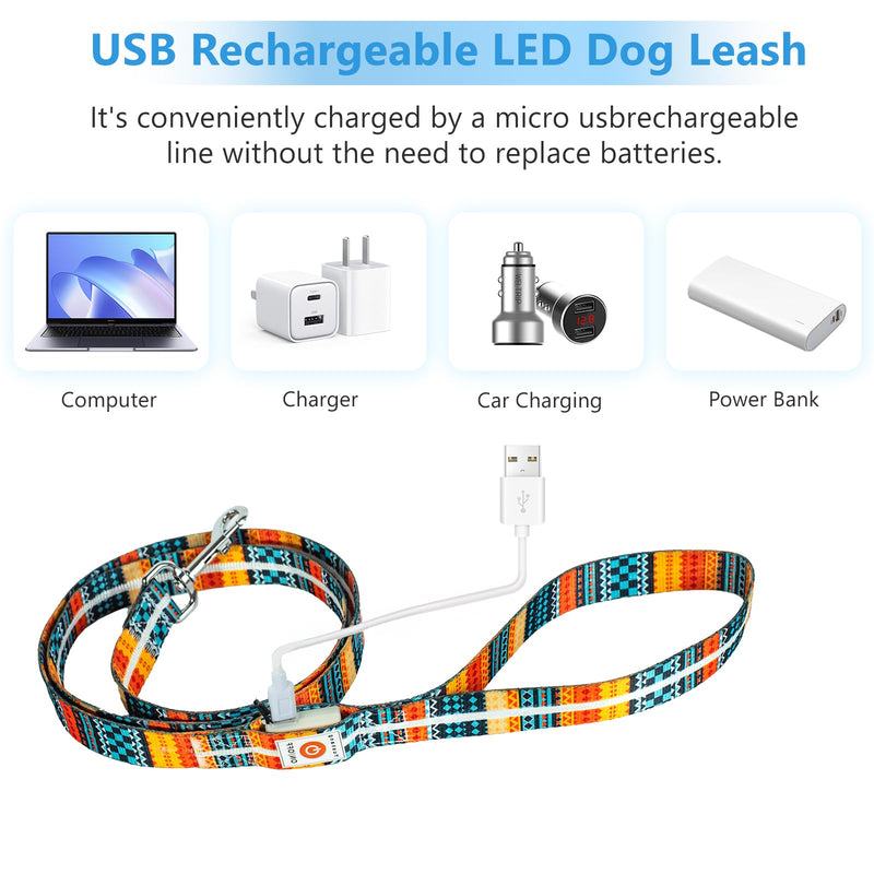 Light Up LED Dog Leash+LED Dog Collar Set USBRechargeable Waterproof,Colorful 3 Lighting Modes 5 Ft Glow Pet Leash for Small Medium Large Dogs Walking at Night(Bohemian Orange) Bohemian Orange 1.5m Leash+10-25in Collar Can be Crop - PawsPlanet Australia