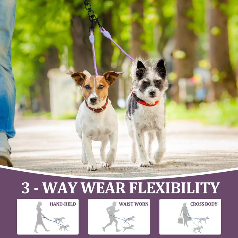 Double Dog Leash No Tangle, Adjustable Split Leads Dual Pet Walking Leash with Comfortable Padded Handle for Two Dogs, Hands - Free Dual Leashes for Small/Medium Pets (Purple, Double Leashes) Purple