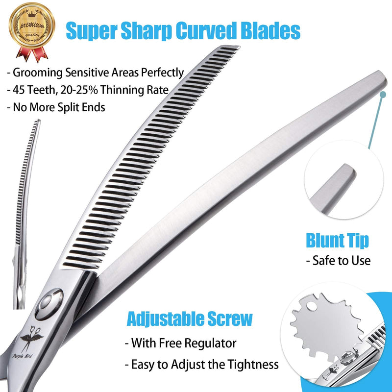 PURPLEBIRD 6.5 Inch Downward Curved Dog Grooming Scissors Pet Thinning Texturizing Shears Professional Safety Blunt Tip Trimming Shearing for Dogs Cats Face Paws Limbs Japanese Stainless Steel Silver 6.5"CurvedThinning - PawsPlanet Australia