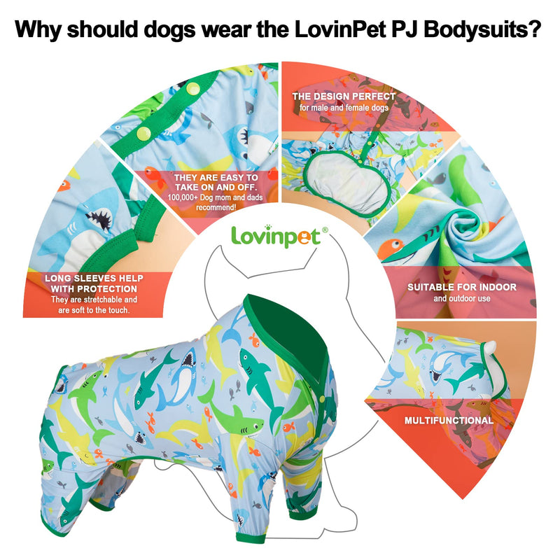 LovinPet Surgical Recovery Shirt for Large Dogs, Undershirt for Dog Coats, Lightweight Stretchy Knit Dog Onesie, Big Bites Turquoise Print Dog Jammies, UV Protection, Large Breed DogPj's, L Green/Blue Update - PawsPlanet Australia