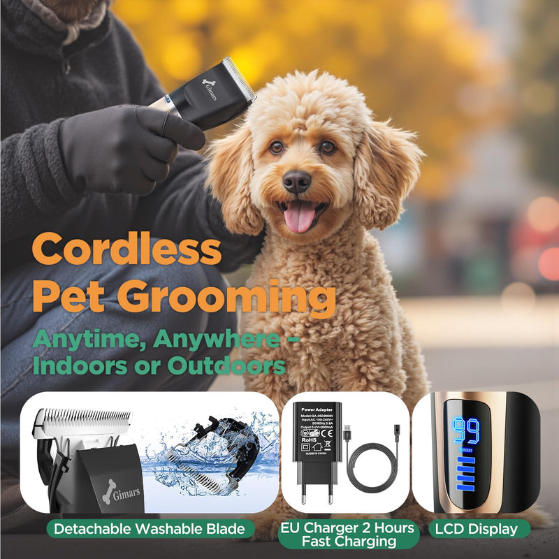 Gimars 3 in 1 Low Noise 7000 RPM Dog Clippers, Cordless Professional Dog Grooming Clippers Kit, Rechargeable Pet Shaver with Comb & Scissors for Dogs, Cats & Horse Thick Hair 3-in-1 clippers and scissors set Gold - PawsPlanet Australia