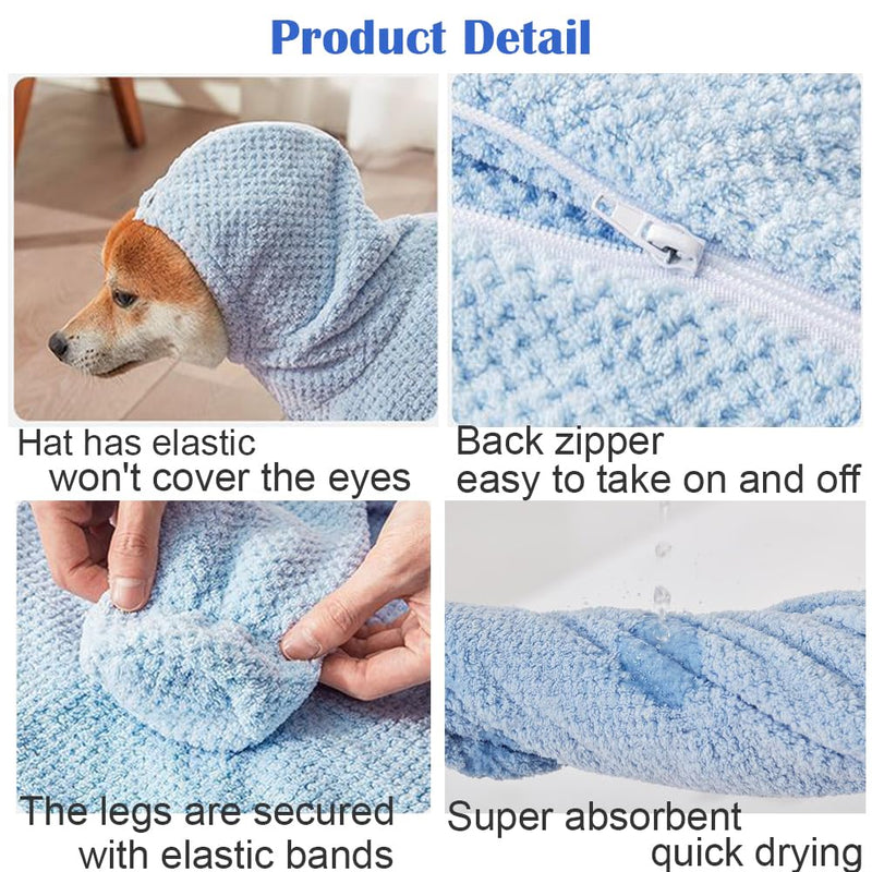 HDKUW Dog Towel Robe with Hood & Paw Covers, Full Coverage Pet Bathrobe, Super Absorbent Thick Plush Toweling Wrap with Back Zipper for Cats Small Medium Large Dogs 3XL 3XL:Back 32.0" (32-45LB) - PawsPlanet Australia