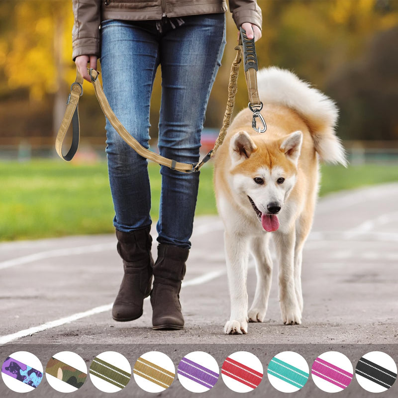 Tactical Dog Leash Heavy Duty, 4-6FT Shock Absorbing Bungee Dog Leash, Reflective Military Strong No Pull Dog Leash with 2 Padded Handle and Car Seatbelt for Medium Large Dogs, Khaki - PawsPlanet Australia