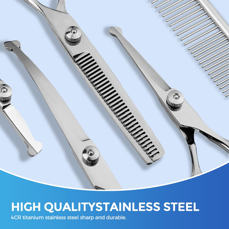 Dog Grooming Scissors with Safety Round Tips, Heavy Duty Titanium Pet Grooming Trimmer Kit, Professional Thinning Shears, Straight Scissors with Comb for Dogs and Cats (Set of 5) Silver Set of 5 - PawsPlanet Australia
