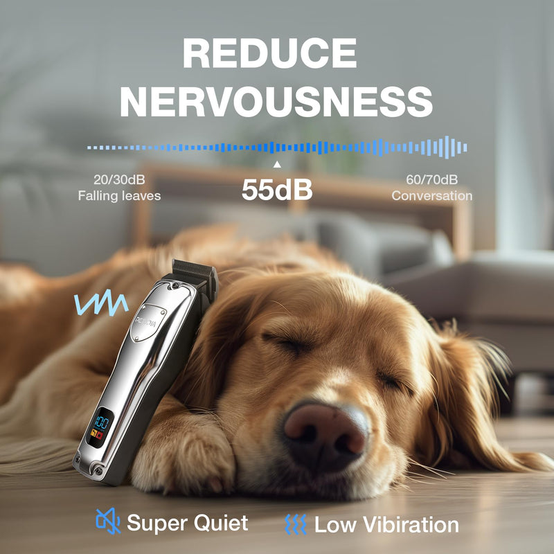 Dog Clippers for Grooming, Pet Grooming Supplies Kit, Professional Grooming Clippers for Thick Heavy Coats Low Noise Rechargeable Hair Trimmers with Ceramic Blade for Dogs Cats Animals Silver - PawsPlanet Australia