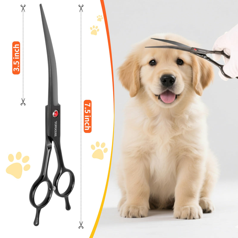 TOPGOOSE 7.5" Dog Grooming Scissor - Professional Down-curved Shear with Ergonomic Handle Japanese Stainless Steel Hair Scissor for Dogs, Cats and Other Pets, Sharp (Curved,Black) Black Curved Shear - PawsPlanet Australia