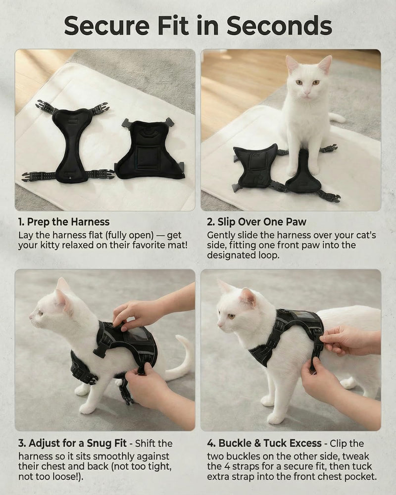 Luxelle Escape-Proof Cat Harness and Leash Set – Adjustable No Pull Soft Vest with 360° Reflective Straps, Built-in Pocket & Wrist Strap, Breathable Mesh Outdoor Harness for Cats & Kittens Black M - PawsPlanet Australia
