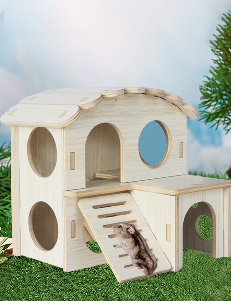 Hamster Hideout Cage Accessories - Hamster House and Habitat Wooden Hide Hut with Climbing Ladder and Platform for Dwarf Gerbils and Mouse Mice Rat Other Small Animals etc. B-Double storey house - PawsPlanet Australia