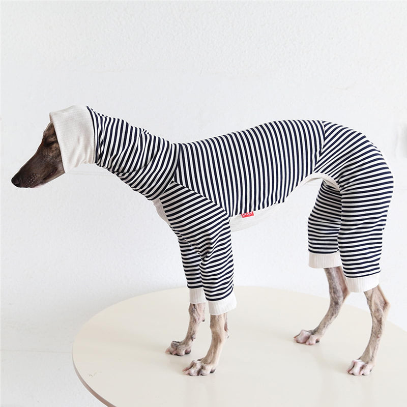 Italian Greyhound Striped Jumpsuit,Whippets Turtleneck Four-Legged Pajamas,Thin Dog Spring Autumn Onesie Anti-Hair Loungewear for Indoor Outdoor Wear_L(Black Stripe) L:Back Length:44cm/17.3in Black Stripe