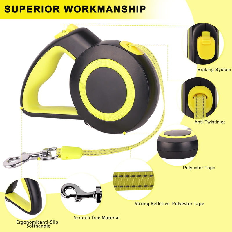 16Ft Retractable Dog Leash Lightweight Leash for Small Medium Dogs/Cats Up to 44lbs,One-Handed Brake,Stainless Steel Spring,Featuring Reflective.(Black-Yellow) Black-yellow - PawsPlanet Australia