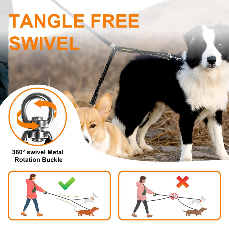 MingXpet 2 Dog Leash, Dog Leash for 2 Dogs, 360° Swivel No Tangle Double Walking Training Leashes for Small Dogs, Comfortable Shock Absorbing Reflective Bungee, Black - PawsPlanet Australia